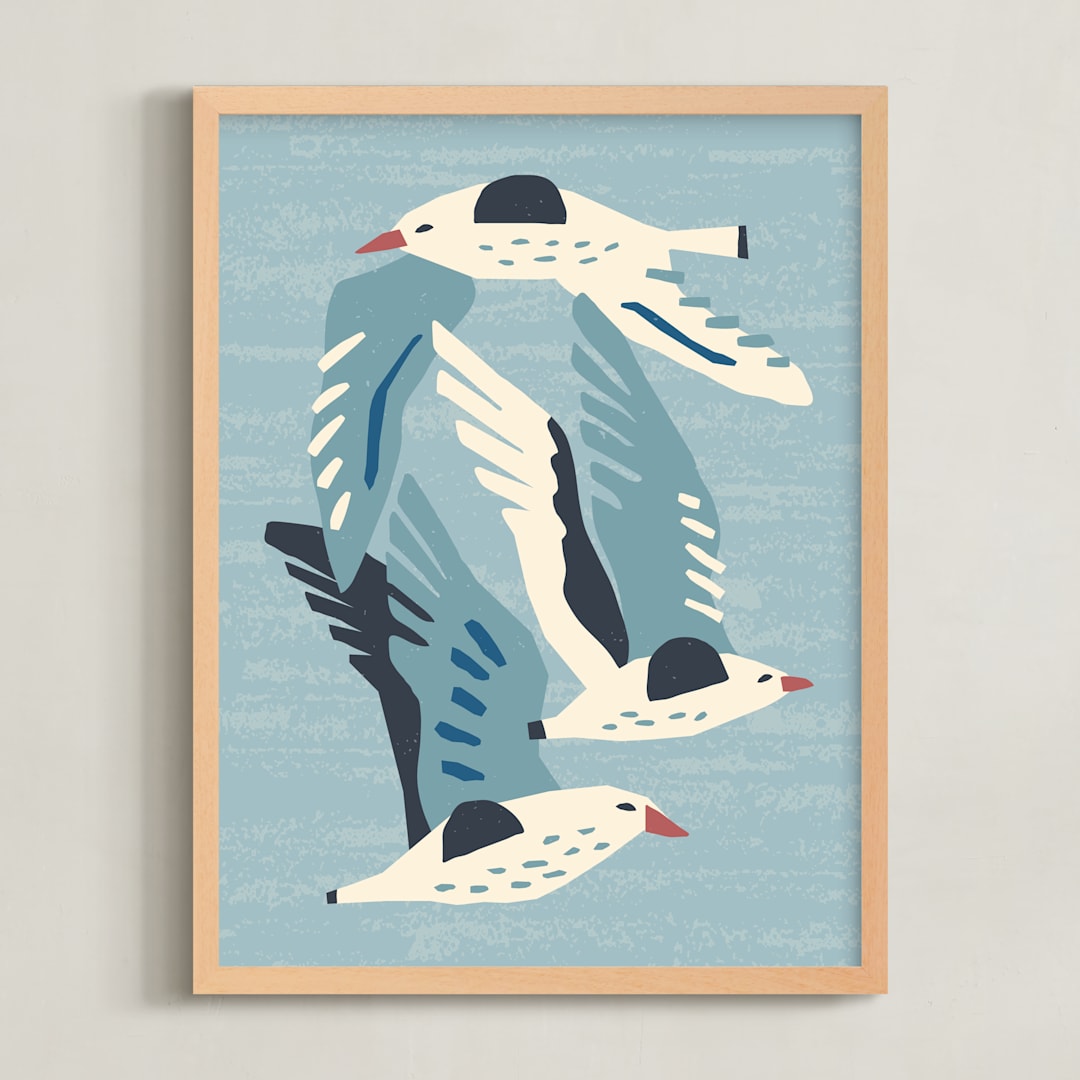 "Seagulls" - Art Print in Neutral Blue Green by Roochita Chachra - Framed