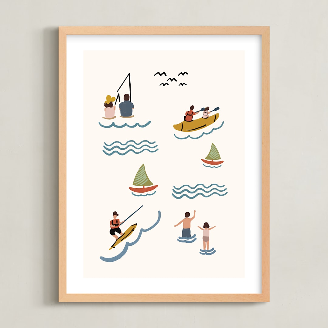 "Fun at the Lake" - Art Print in Light Cream by Lea Velasquez - Framed