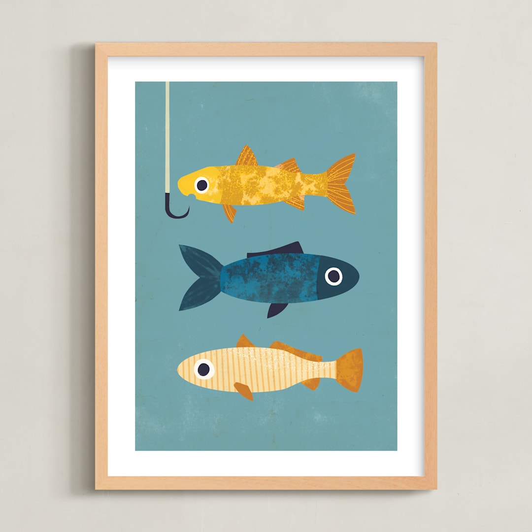 "1 Fish, 2 Fish, 3 Fish" - Art Print in Marine Blue by Laura Mitchell - Framed