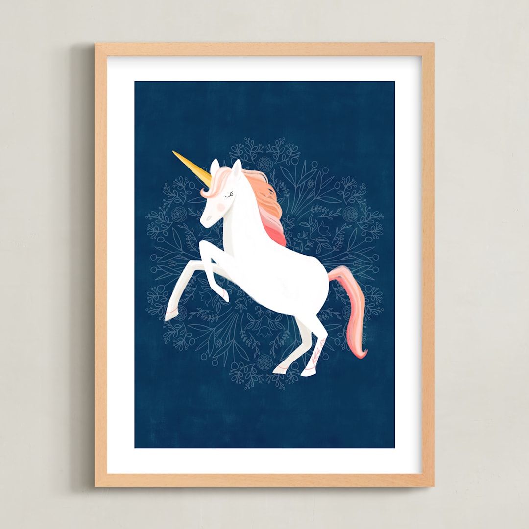 "Unicorn & Blooms" - Art Print in Navy by Little Miss Missy - Framed