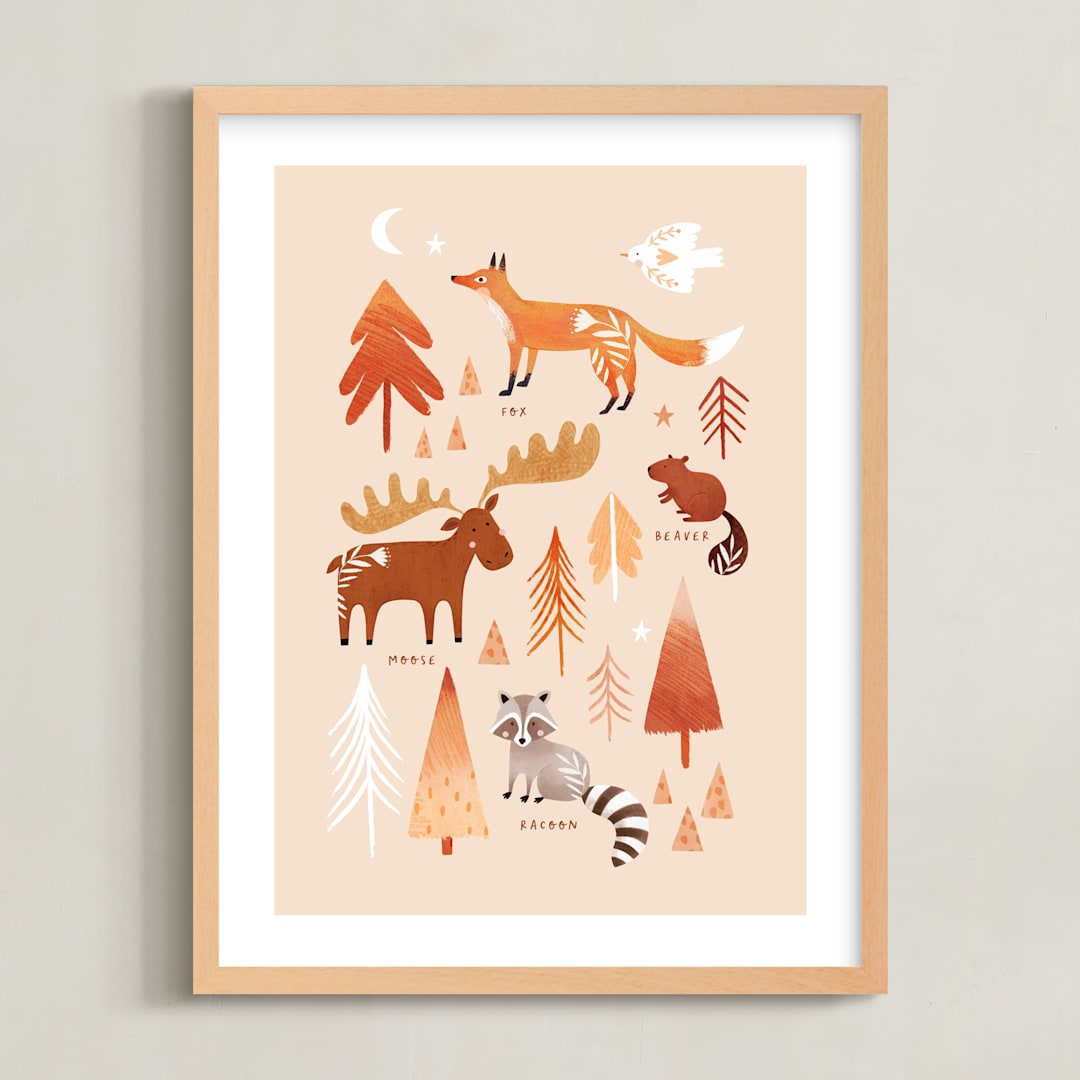 "Woodland Animals" - Art Print in Earthy Beige by Tati Abaurre - Framed