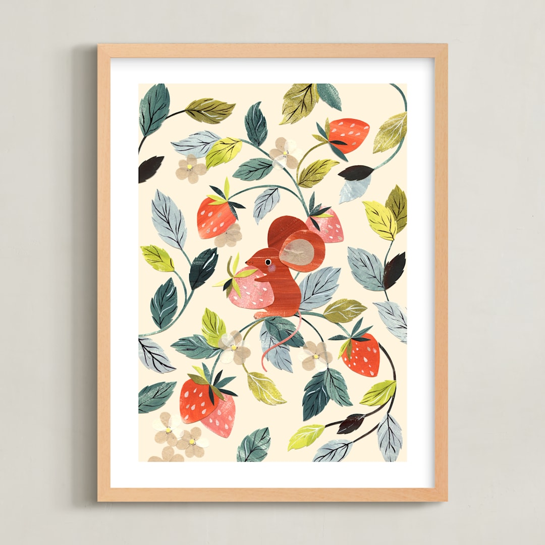 "Strawberry Thief" - Art Print in Strawberry by Sarah Knight - Framed