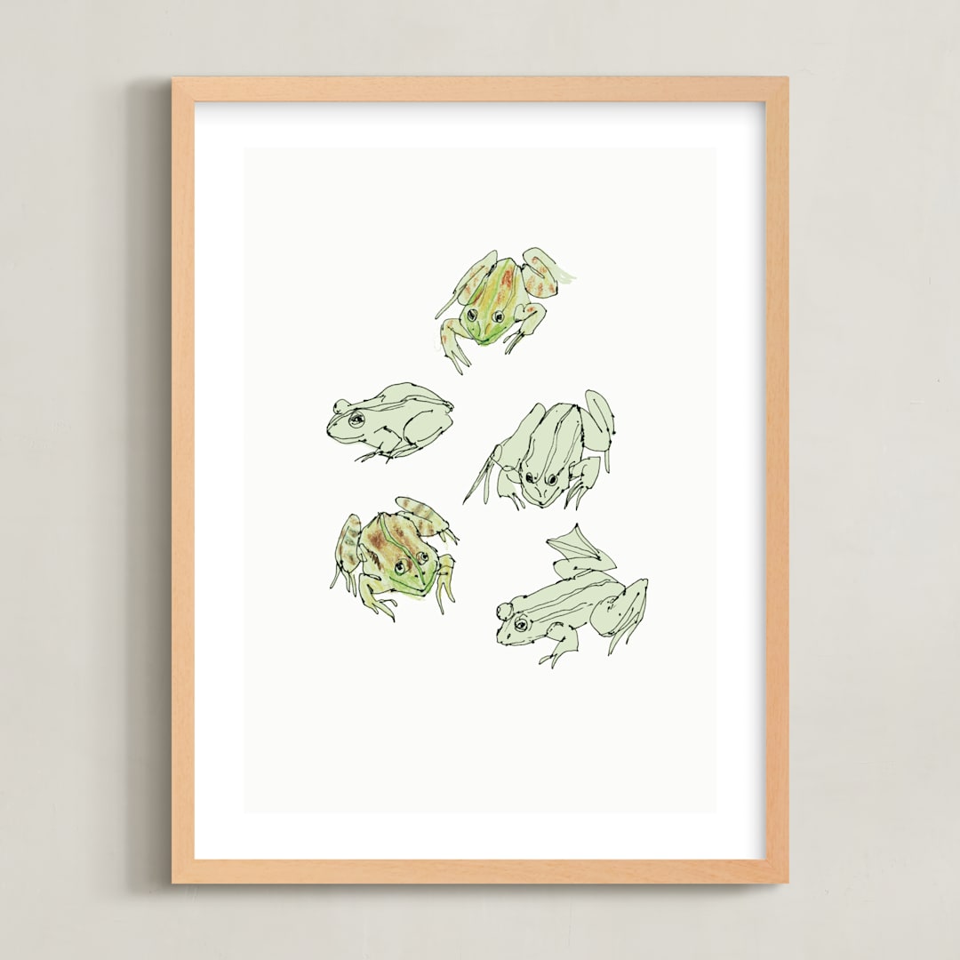 "Frog sketches" - Art Print in Pastel Green by Catilustre - Framed