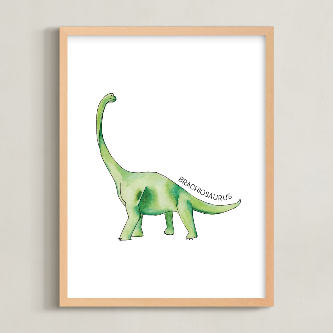 "Watercolor Dino Party Brachiosaurus" - Art Print in Leaf by Rachel Getz - Framed