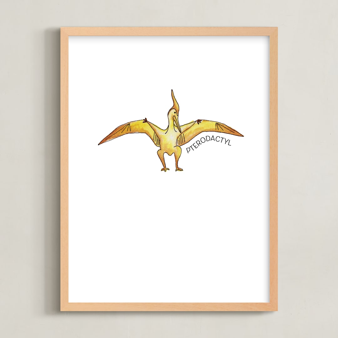 "Watercolor Dino Party Pterodactyl" - Art Print in Canary by Rachel Getz - Framed