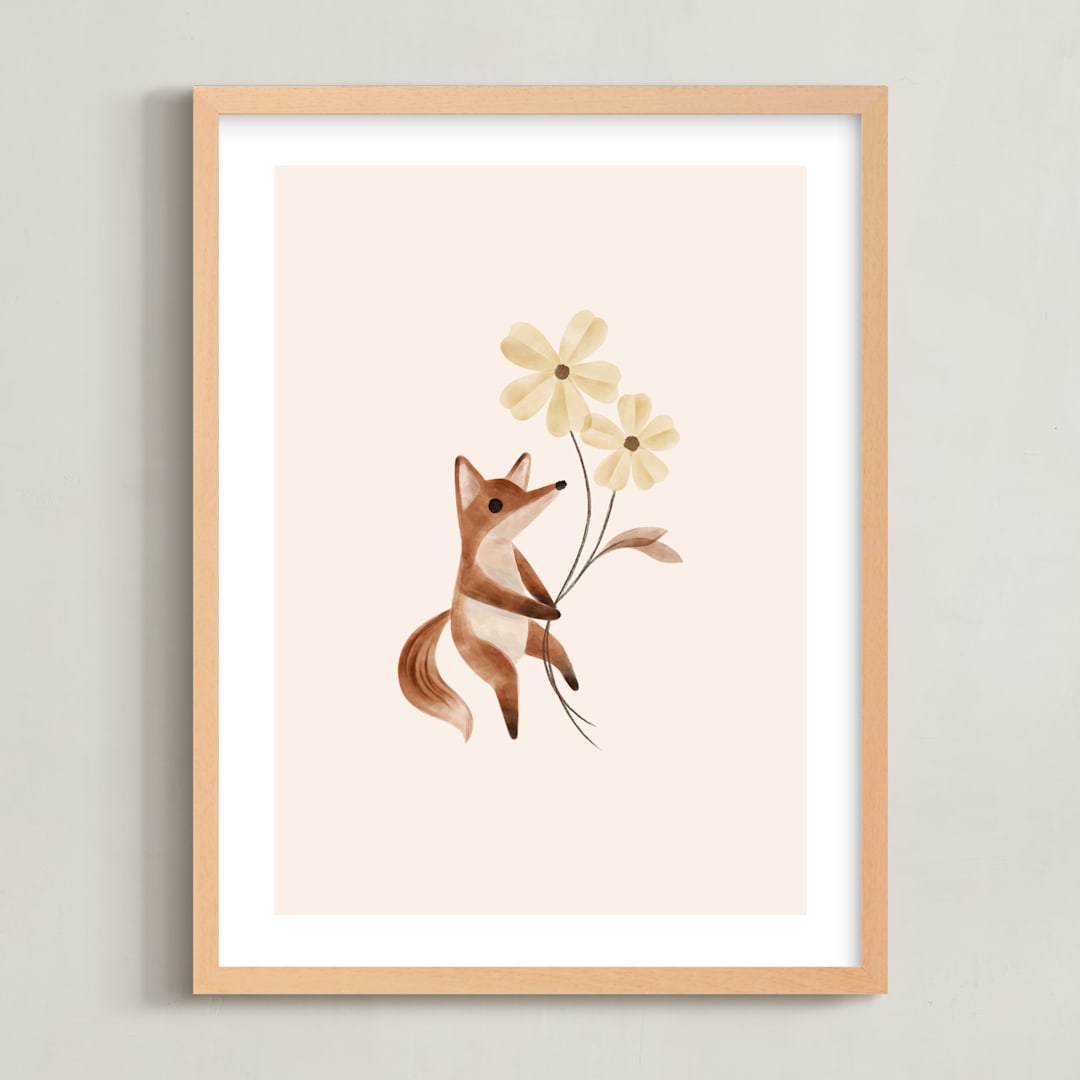 "fox with flowers" - Art Print in Tan by Vivian Yiwing - Framed