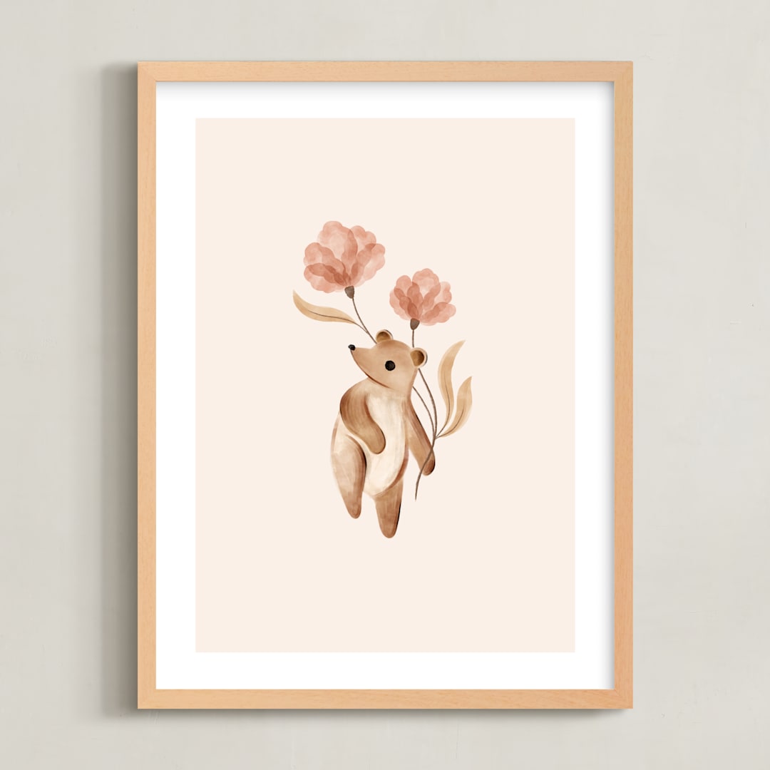 "Bear with Flowers" - Art Print in Tan by Vivian Yiwing - Framed