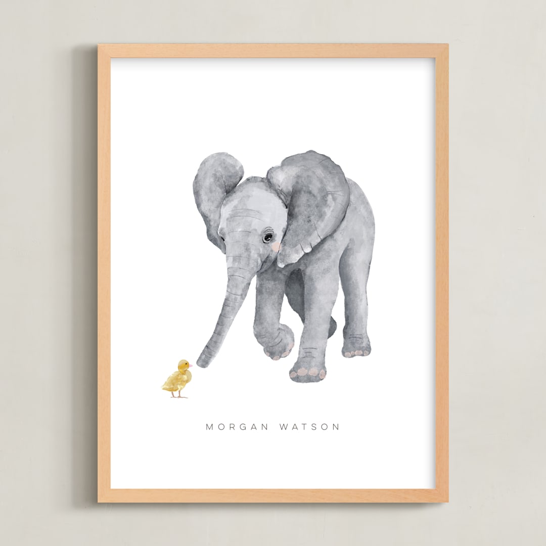 "baby elephant and duckling" - Personalized Art Print in Tumbleweed by Cass Loh - Framed