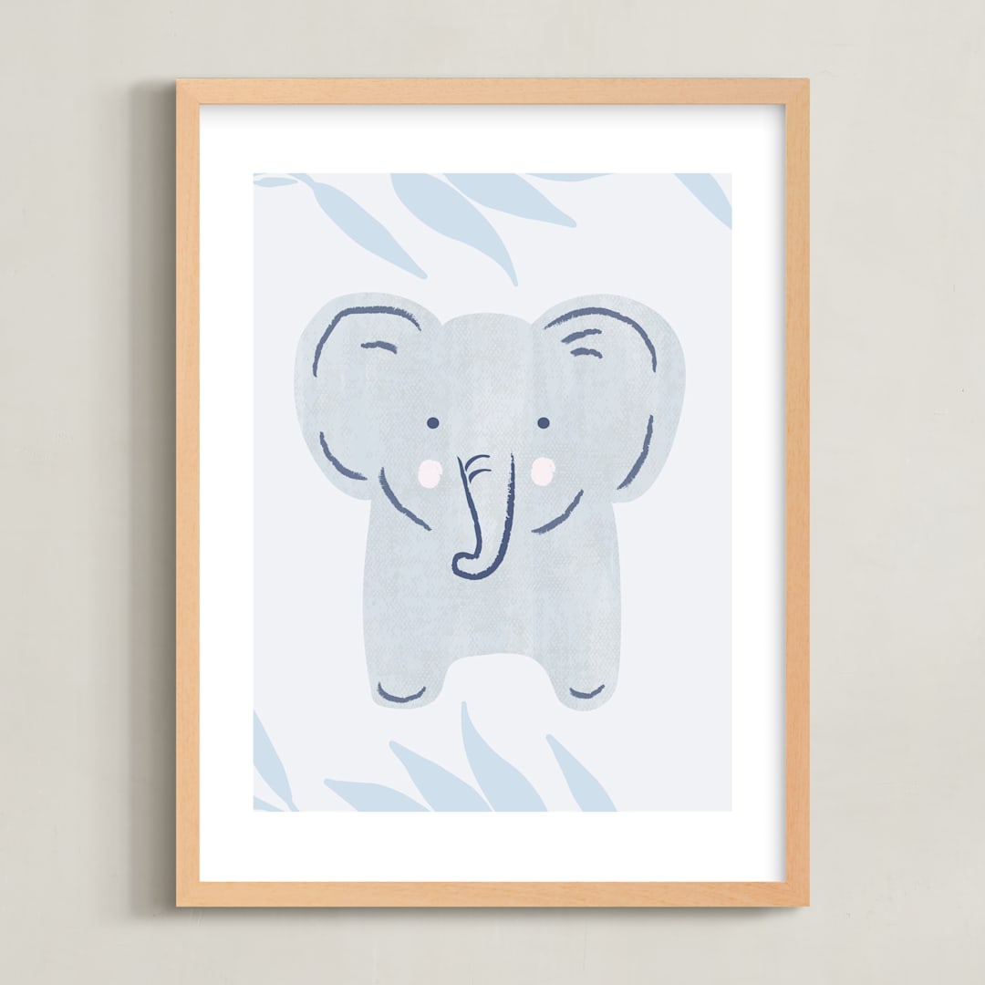 "Elephant Portrait" - Art Print in Calm Blue by Carolyn MacLaren - Framed
