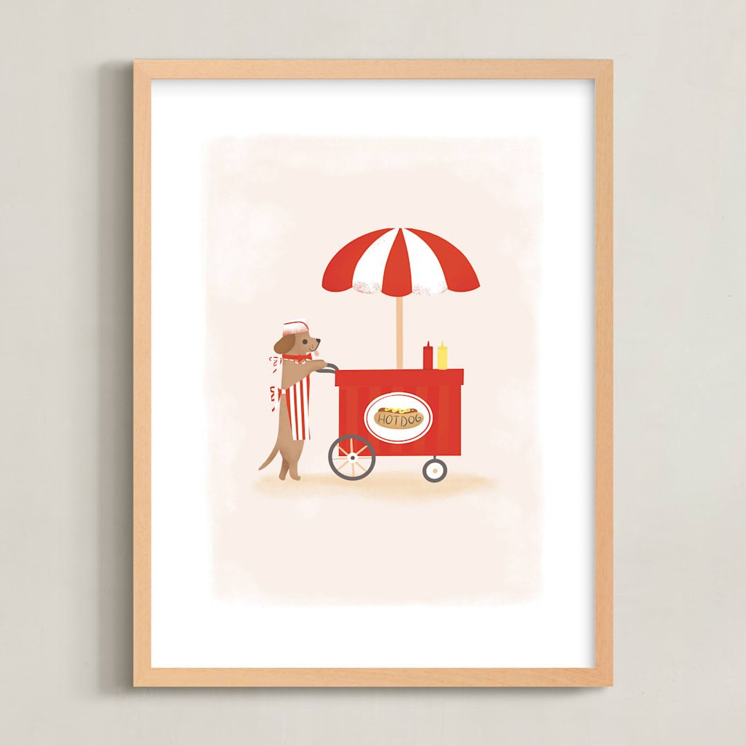"Hot Dog Cart" - Art Print in Red by Itsy Belle Studio - Framed
