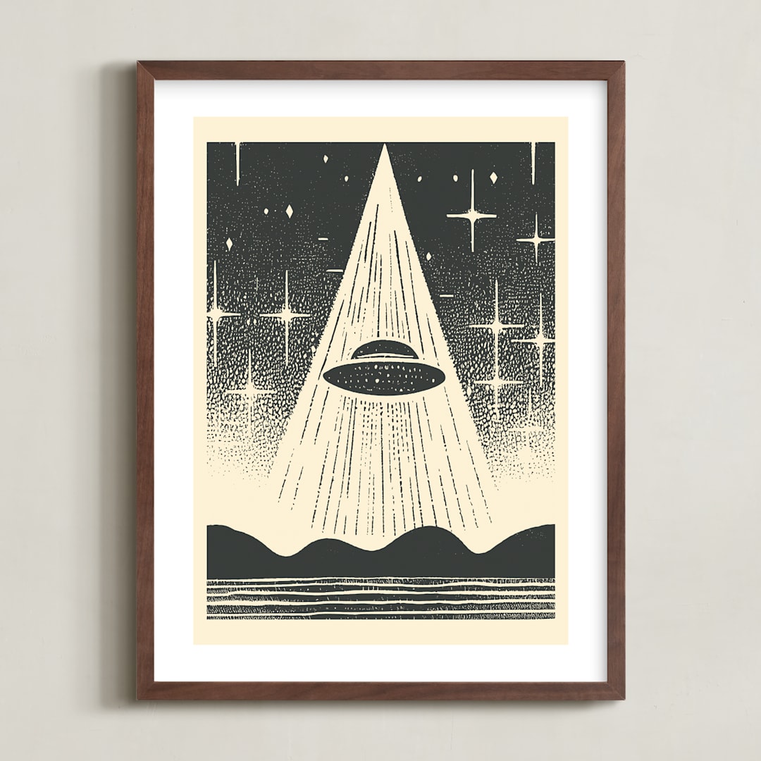 "UFO Encounters: Nostalgic Retro Woodcut" - Art Print in Galactic Gray by Roseanne Kenny - Framed