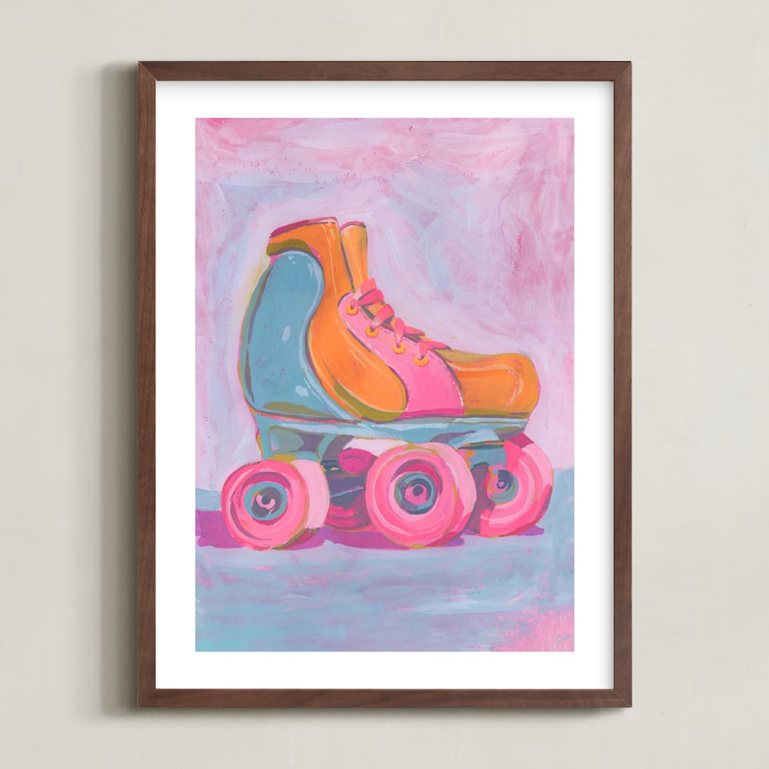 "Roller Skater Joy" - Art Print in Bubblegum Pink by Lucrecia Caporale - Framed