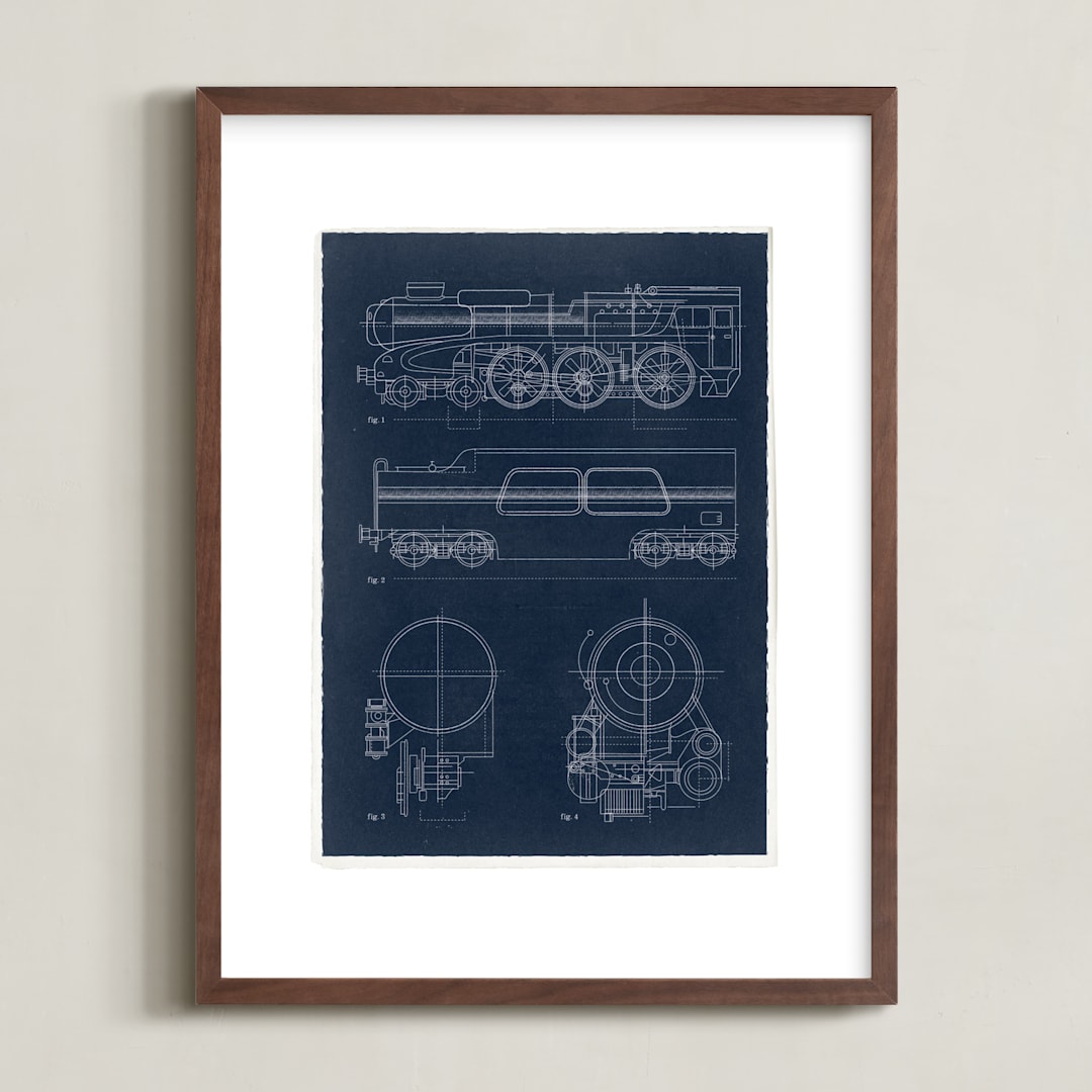 "Train diagram" - Art Print in Navy by Robert and Stella - Framed