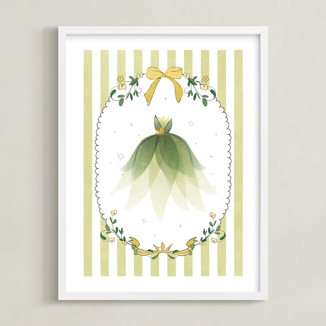 "Disney Princess Tiana Dress-Up" - Art Print in Green by Kamala Nahas - Framed
