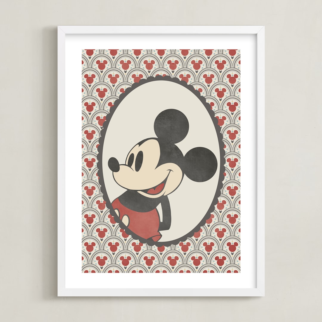 "Disney's Mickey Antique Wallpaper" - Art Print in Red by Heather Schertzer - Framed