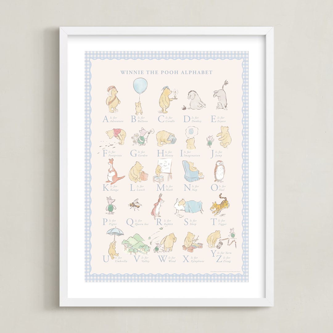 "Disney Winnie The Pooh Alphabet" - Art Print in Baby Blue by Sabrin Deirani - Framed