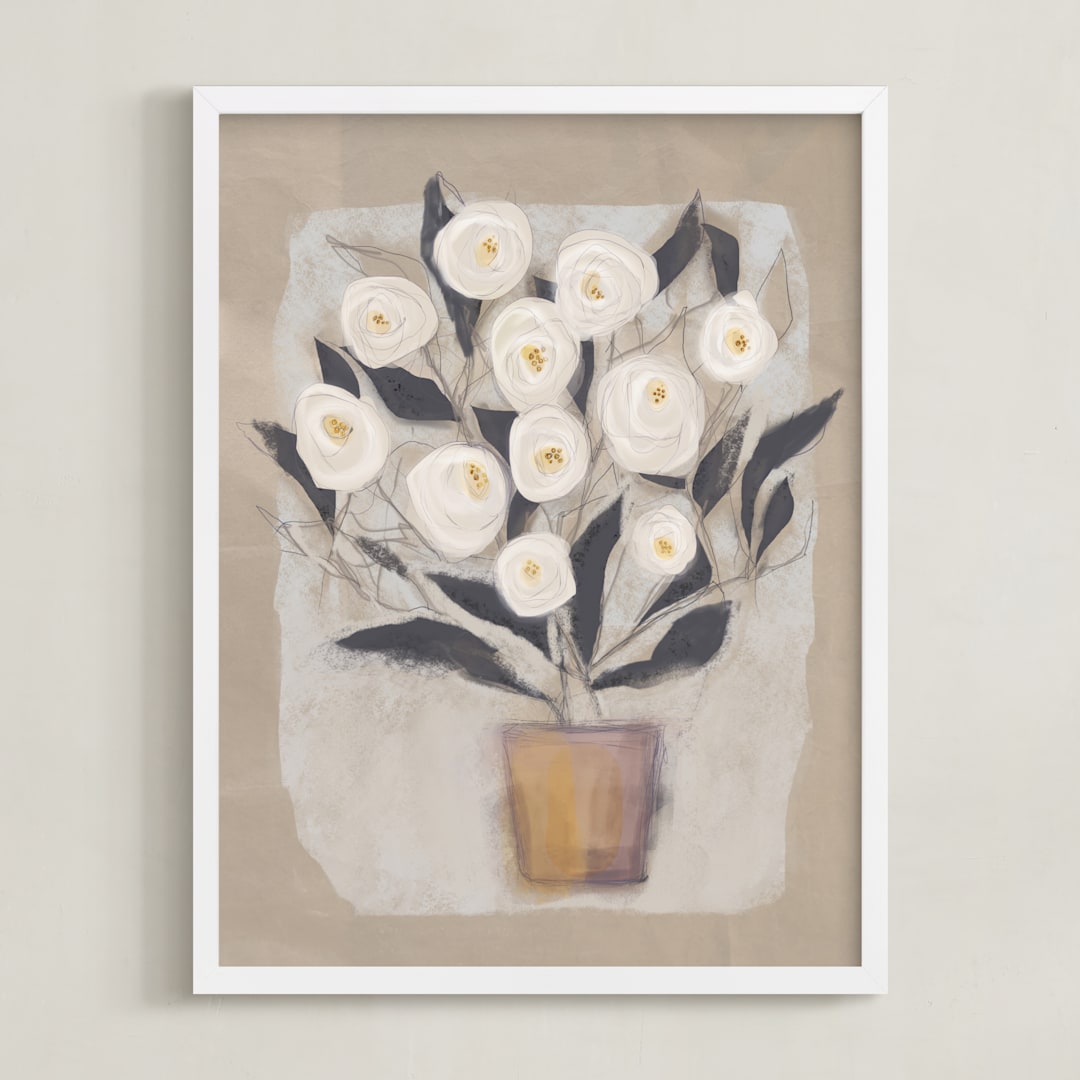 "The Gardenia" - Art Print in Creamy Buff by Jacquelyn Sloane Siklos - Framed