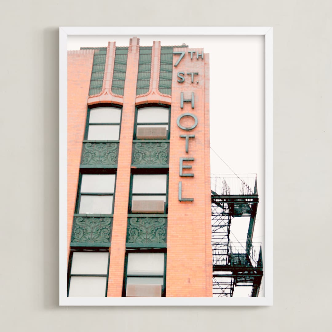 "7th Street Hotel" - Art Print in peach by Baumbirdy - Framed