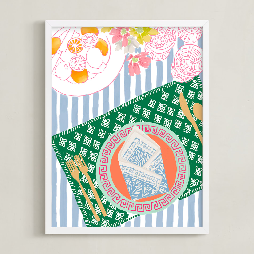 "Dinner For One" - Art Print in Powder Blue by Mariana Suárez Pierre - Framed