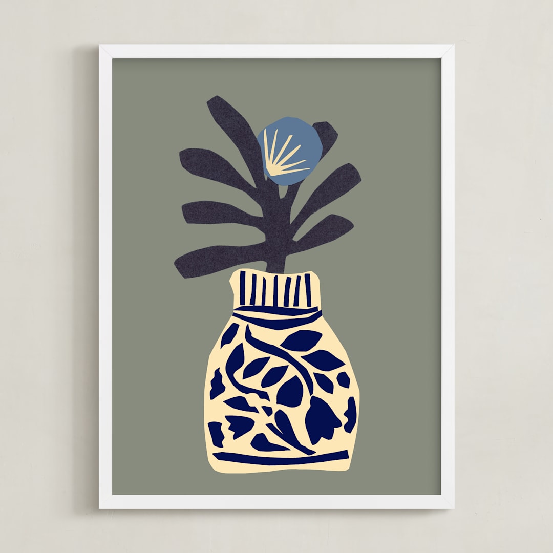 "Single flower in a porcelain vase" - Art Print in Pearl Grey by Sonya Percival - Framed