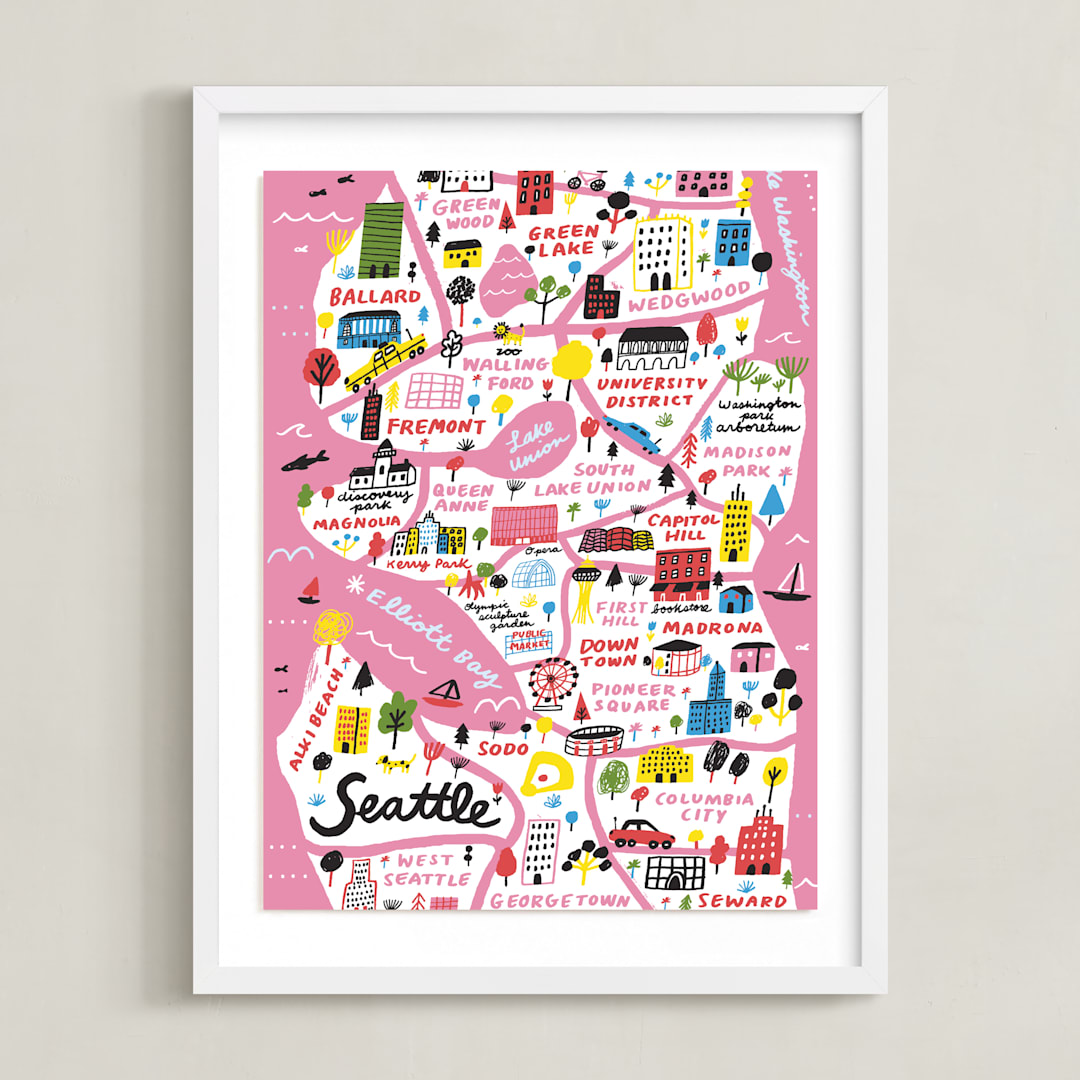 "I Love Seattle" - Art Print in Flamingo Pink by Jordan Sondler - Framed