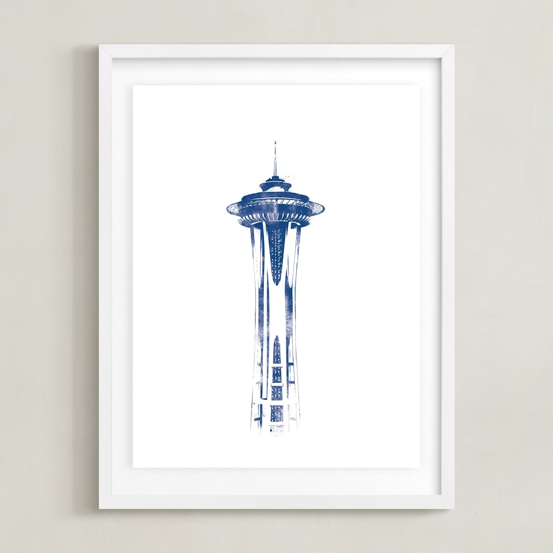 "Space Needle" - Art Print in Navy by Paul Berthelot - Framed
