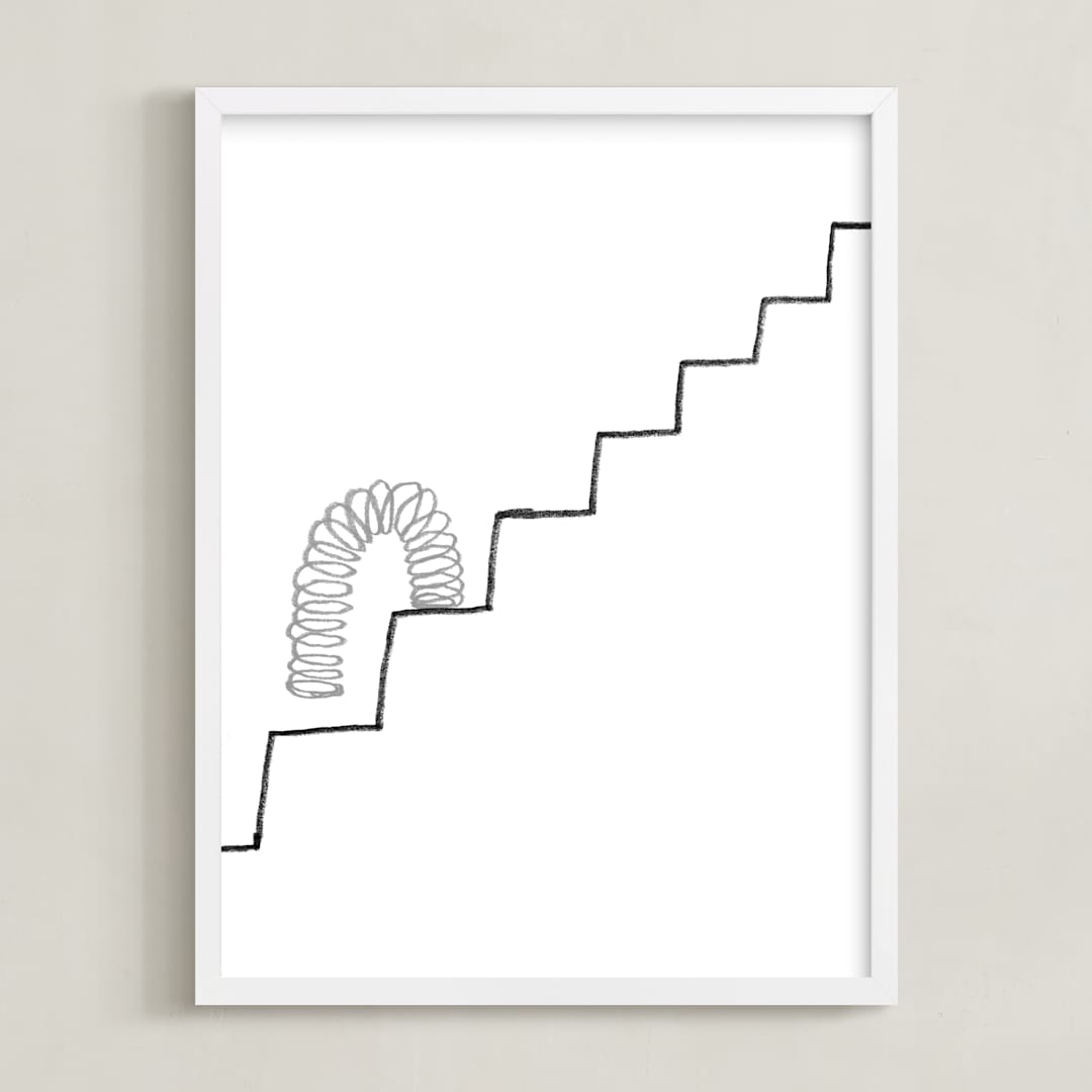 "Slinky on the Stairs" - Art Print in grayscale by Elliot Stokes - Framed