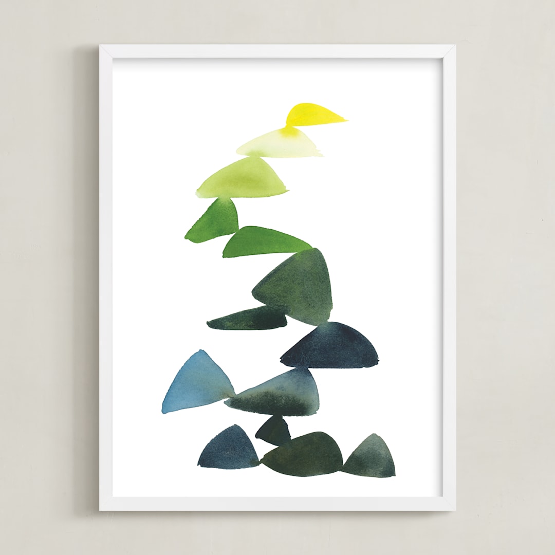 "Triangles in Green and Yellow" - Art Print in Sap Green by Yao Cheng Design - Framed