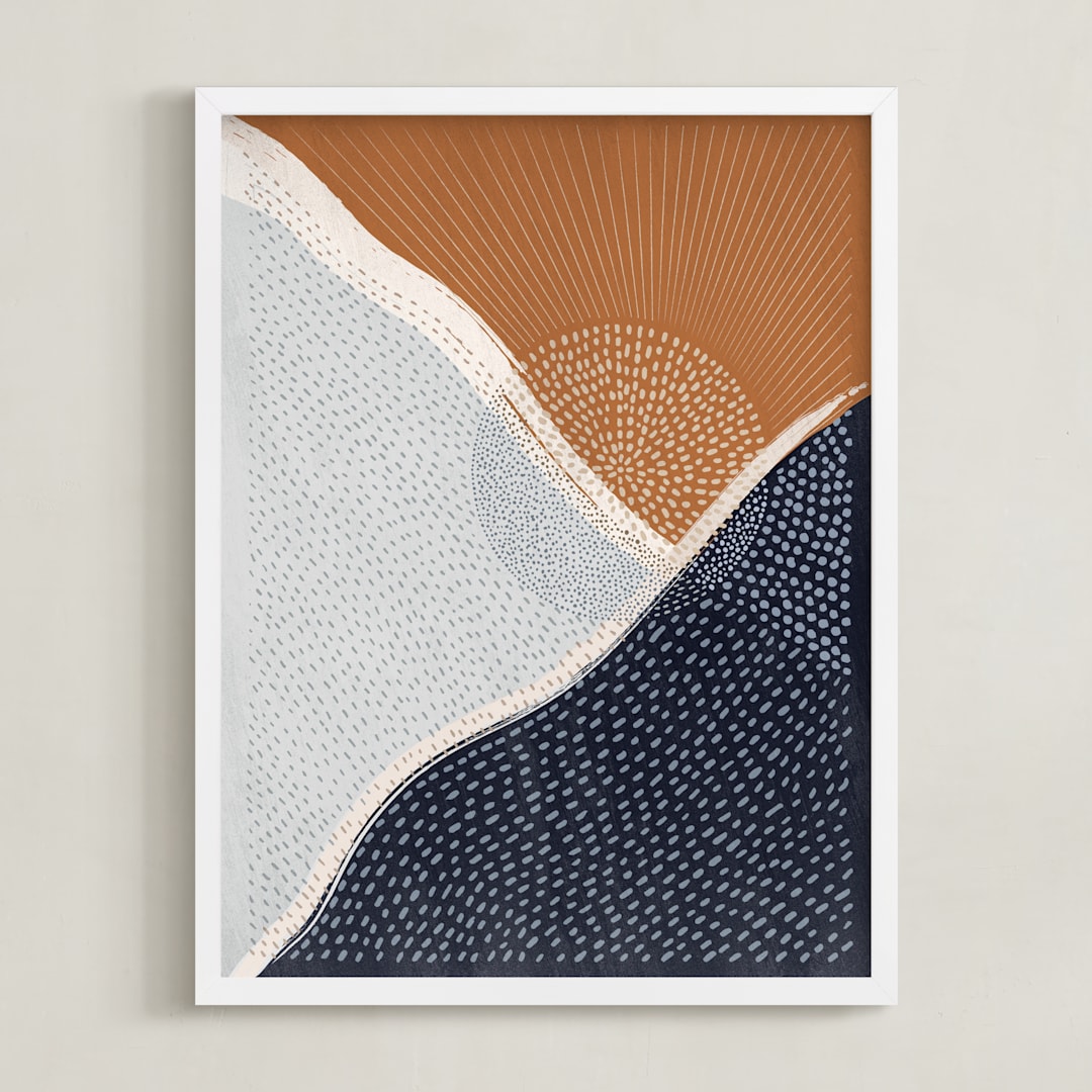 "Sunset over the mountains" - Art Print in Prussian blue, Unilux Powder Blue, Copper by Sabrin Deirani - Framed
