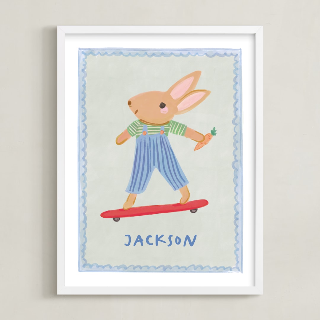 "Bunny on a Roll" - Personalized Art Print in Blue by Creo Study - Framed