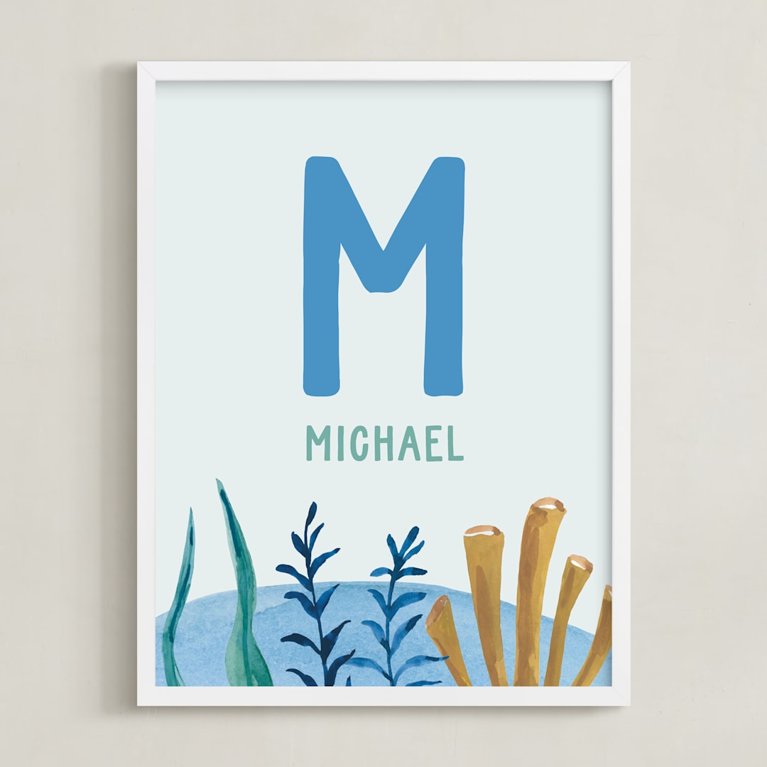 "Ocean Friends - Custom" - Personalized Art Print in Ocean Blue by Teju Reval - Framed