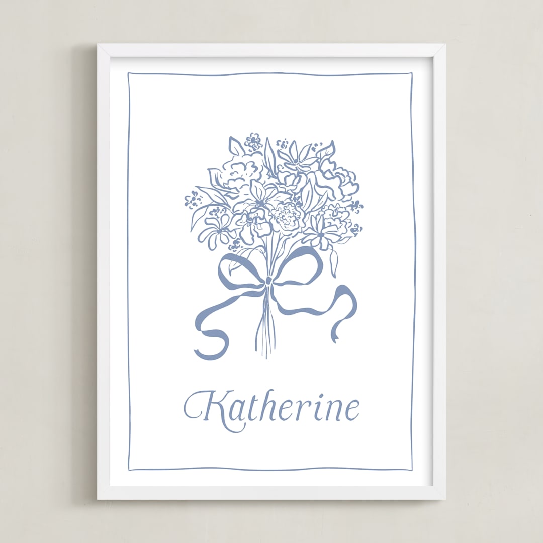 "Bow on Bouquet" - Personalized Art Print in Powder Blue by Becky Nimoy - Framed