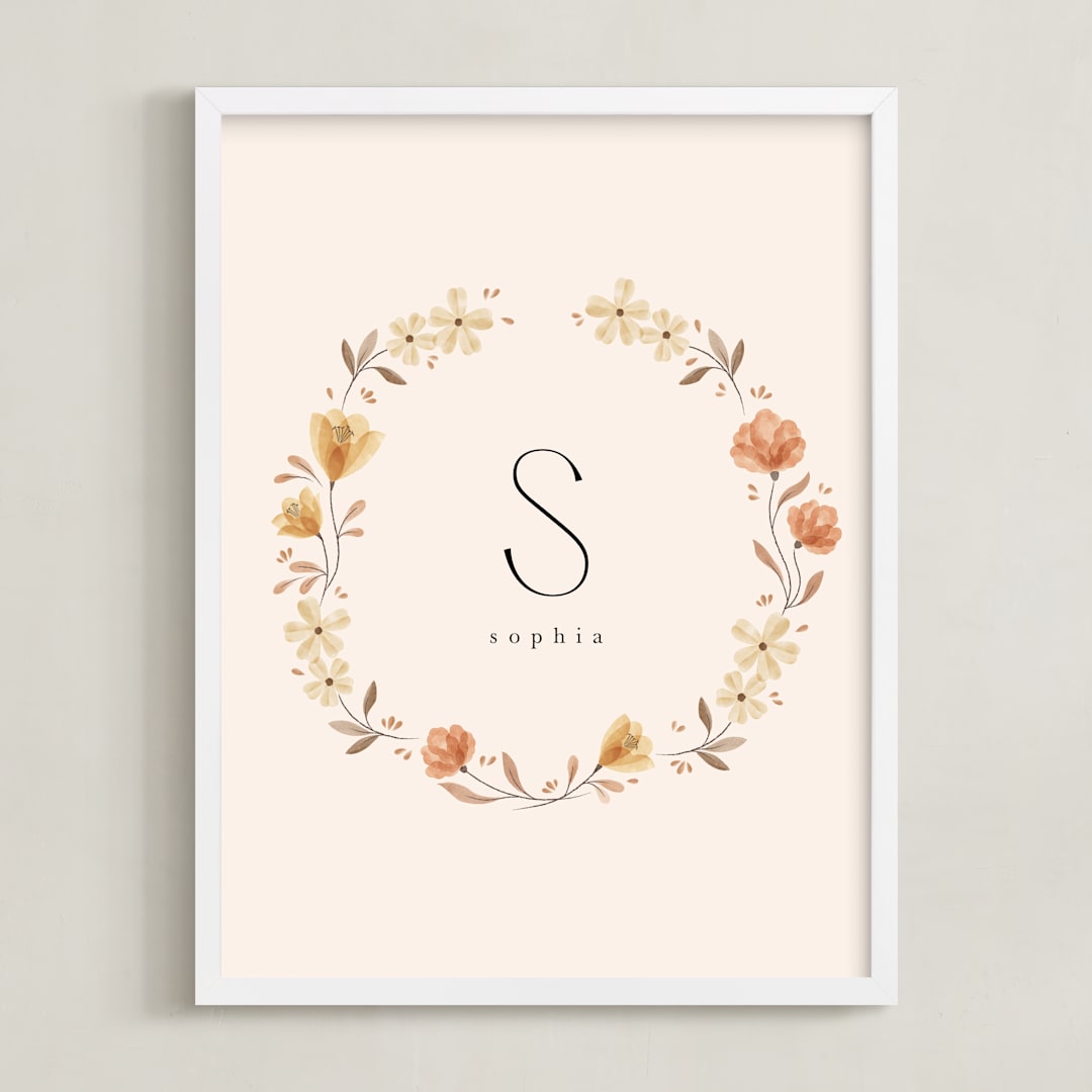 "Name with Flowers - Custom" - Personalized Art Print in Tan by Vivian Yiwing - Framed