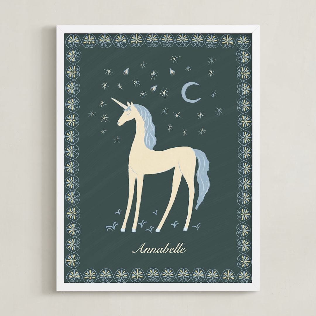 "Midnight Unicorn Firefly Dream" - Personalized Art Print in Forest Green by Florina Georgescu Georgescu - Framed