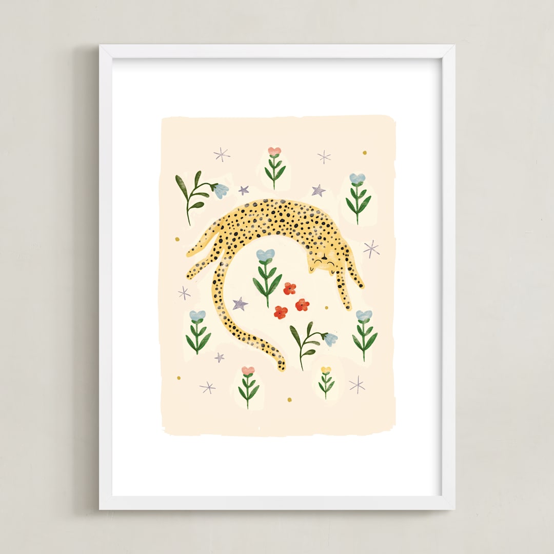 "tumbling cheetah" - Art Print in peach by Hannah Williams - Framed