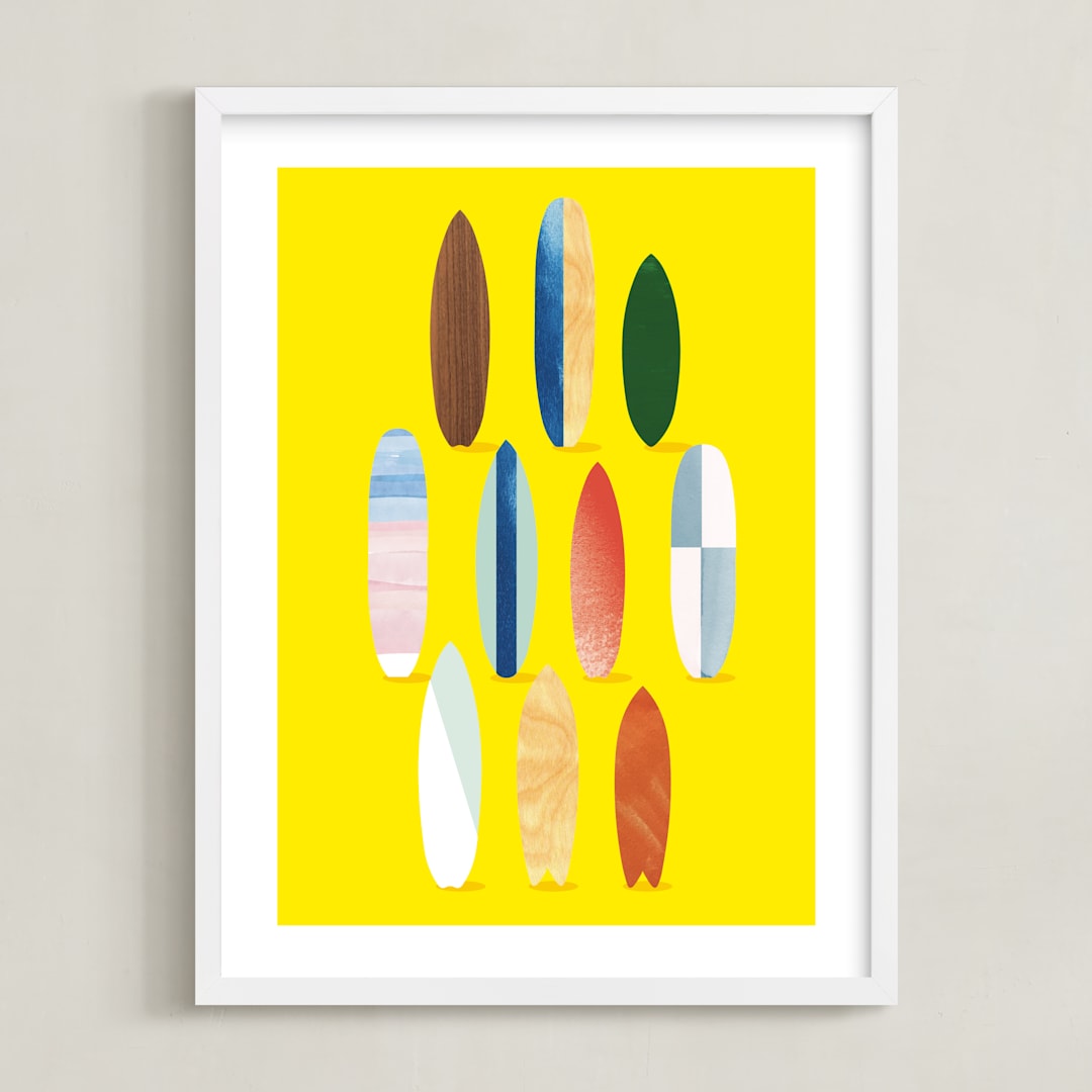 "Surfboard Pose" - Art Print in sunshine by Baumbirdy - Framed