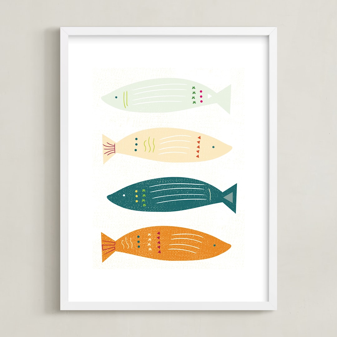 "Fish Fiesta" - Art Print in Sunset by Hannah Lipking - Framed