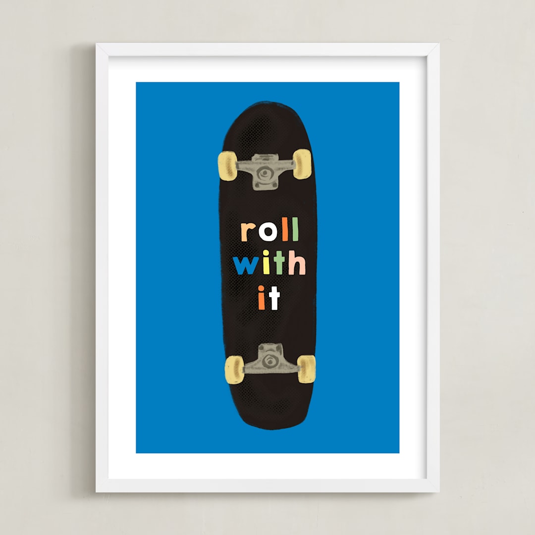 "roll with it" - Art Print in blue by Baumbirdy - Framed