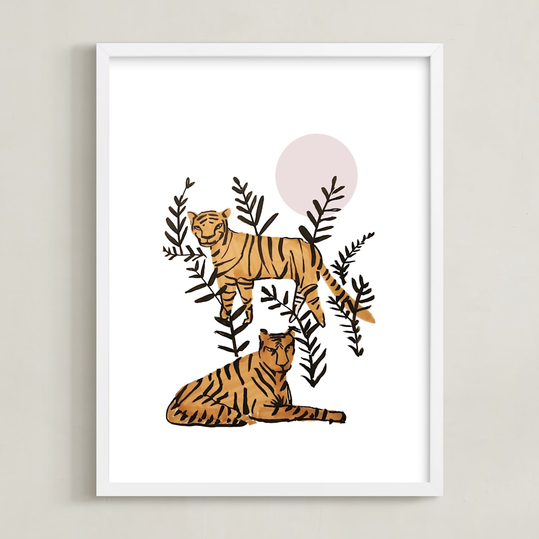 "Tigers in Tulum" - Art Print in Gold Spark by Jenna Skead - Framed
