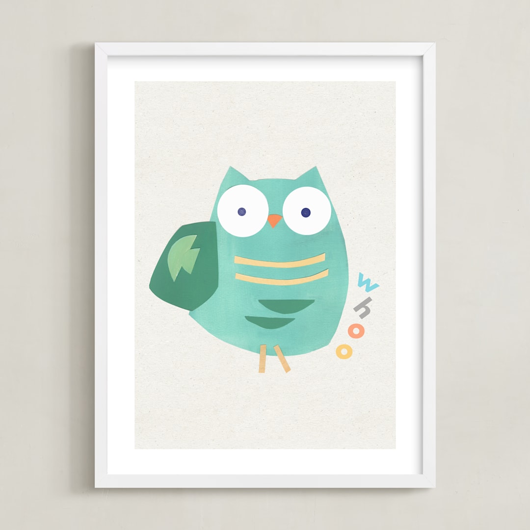 "Happy Owl" - Art Print in Owl Mint by AlisonJerry - Framed