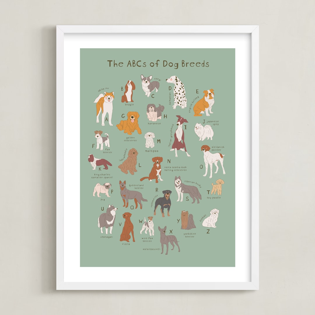 "ABCs of Dog Breeds" - Art Print in Mint by Vera Lim - Framed