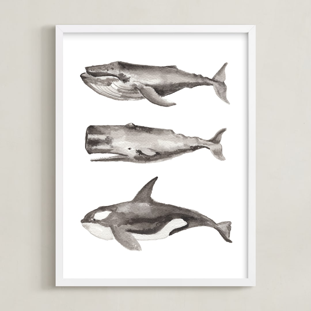 "Three Stacked Whales" - Art Print in Grey by Two if by Sea Studios - Framed