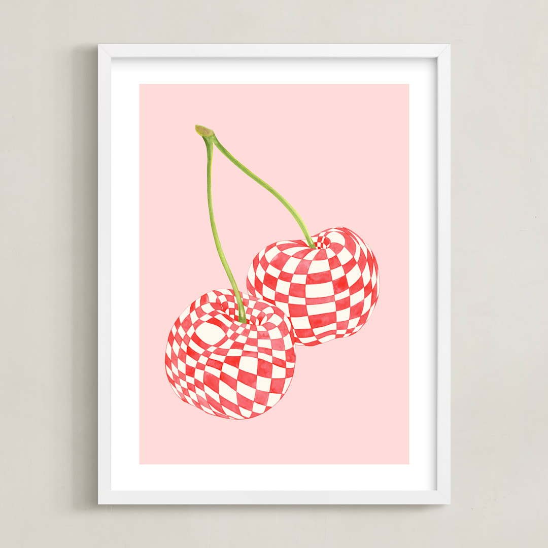 "Checkerboard Cherries" - Art Print in Pastel Pink by Luci Power - Framed