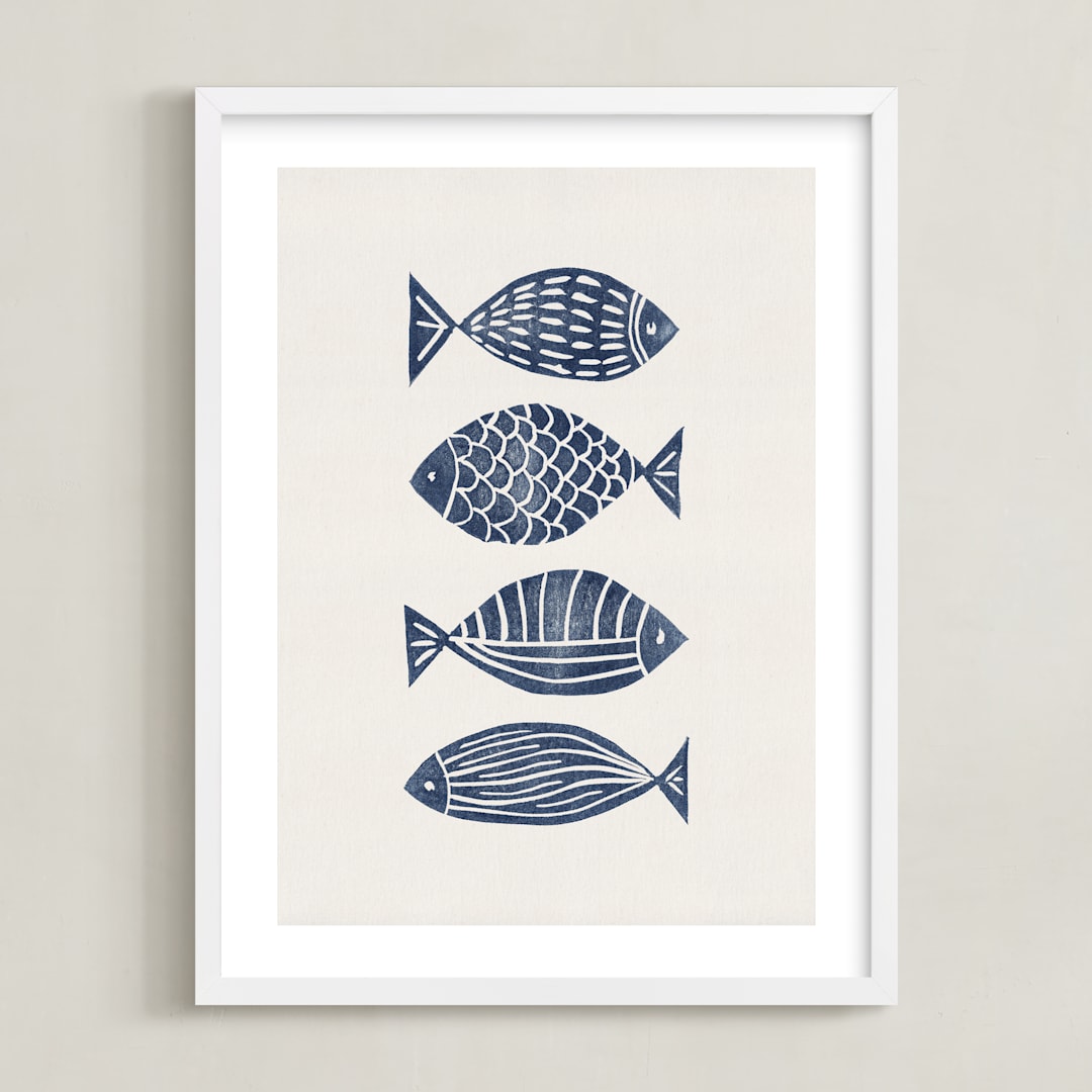 "Linocut Fishes" - Art Print in Navy Blue by Alisa Galitsyna - Framed