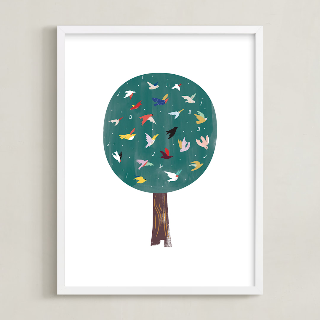 "Lots of Songbirds" - Art Print in antique pine by Eve Schultz - Framed