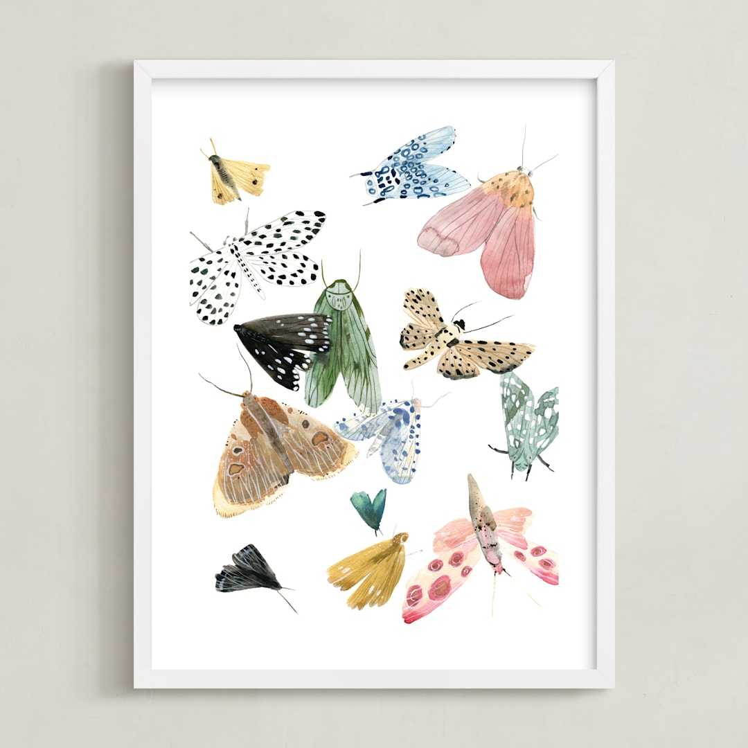 "Moths" - Art Print in Moss Green by Emilie Simpson - Framed