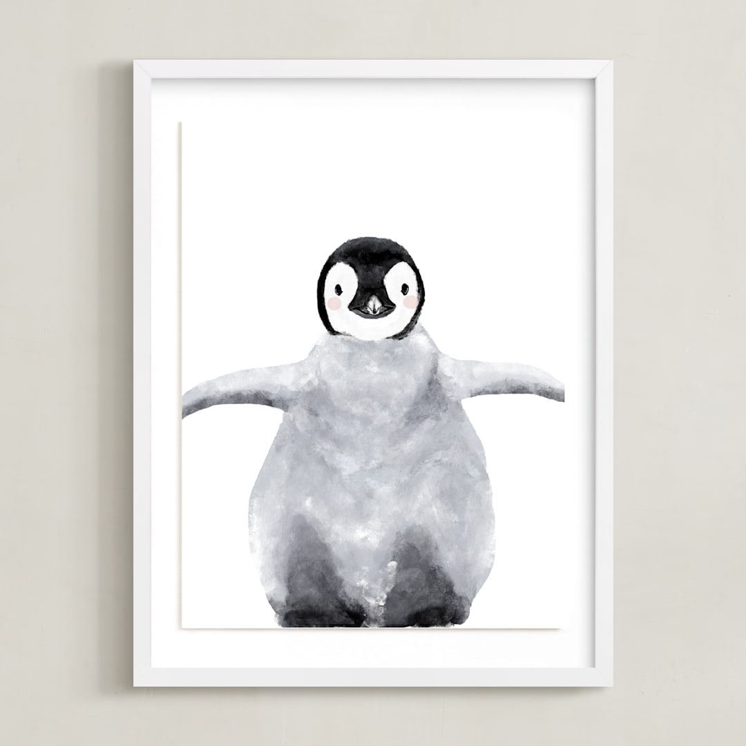 "Baby Animal Penguin" - Art Print in Antarctic Grey by Cass Loh - Framed