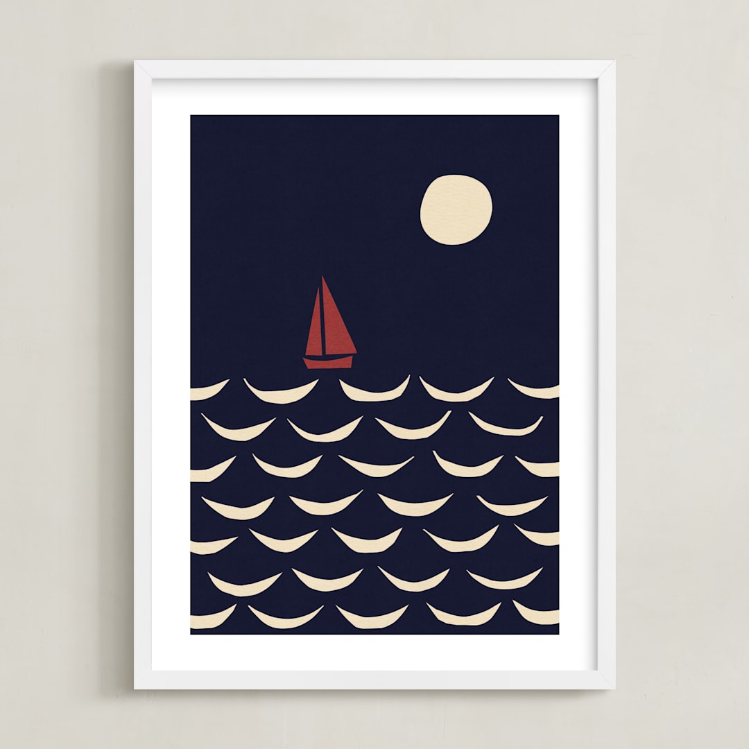 "Little Boat" - Art Print in Night Sea Blue by Alisa Galitsyna - Framed