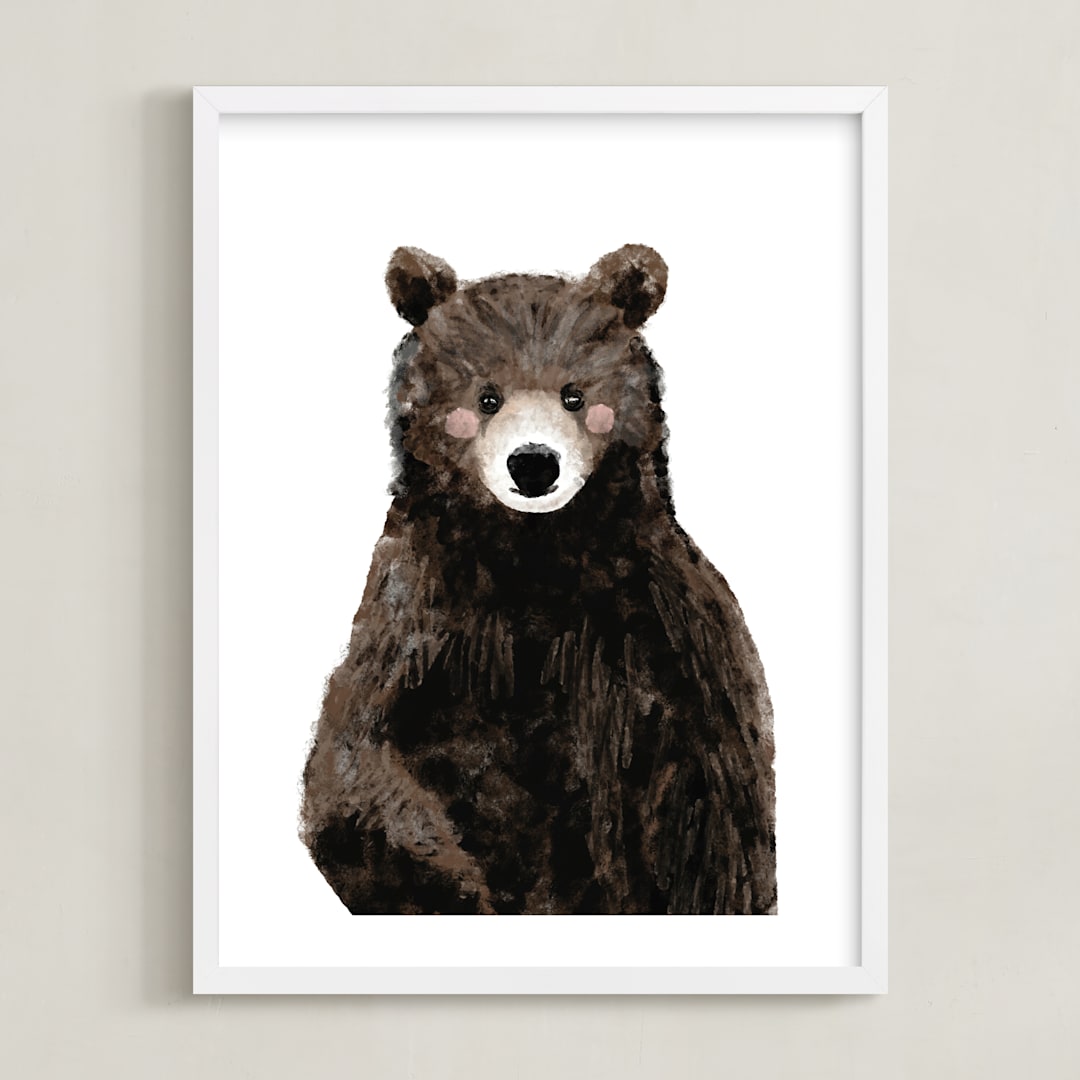 "Baby Animal Bear" - Art Print in Woodland Brown by Cass Loh - Framed