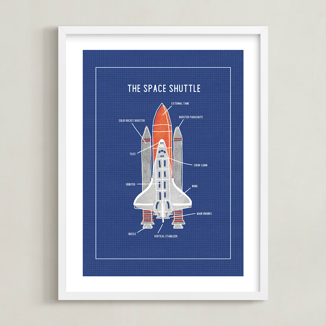 "The Space Shuttle" - Art Print in Blueprint by Meggy Masters - Framed